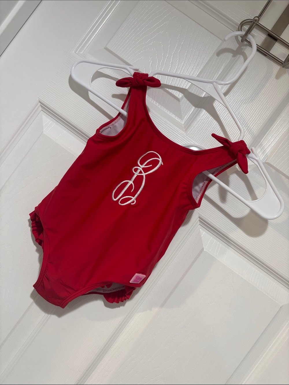 Ruffle Butts Red Girls One-Piece Swimsuit with “B” monogram